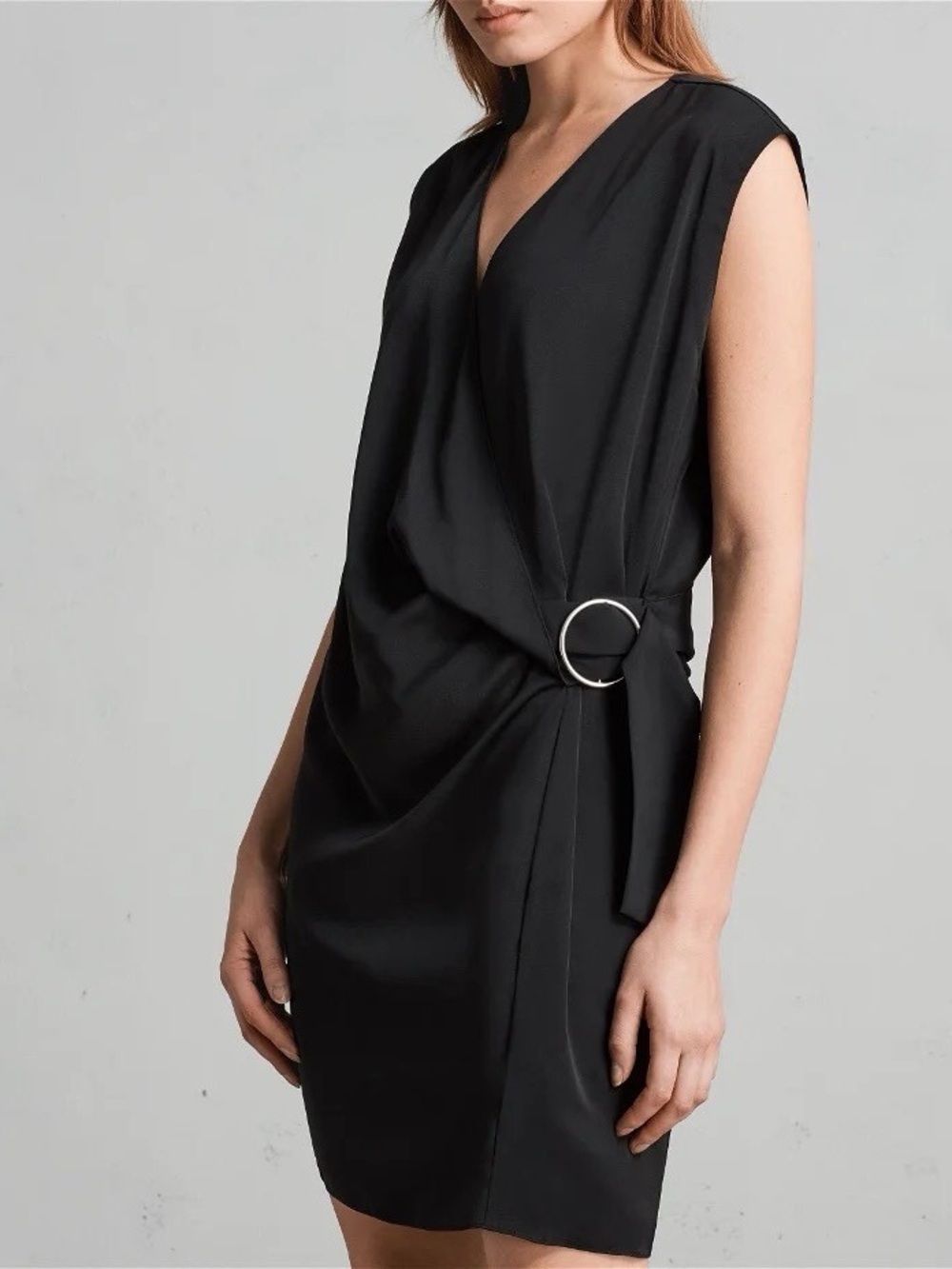 All Saints Black Sleeveless Wrap Mini Dress with Silver Ring